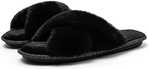 Women's Cross Band Furry Slippers Cozy Plush House Slippers Open Toe Soft Fuzzy Slippers Slip on Comfy Indoor Slippers