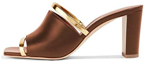 FSJ Women Open Peep Toe High Heel Slide Sandals Backless Slip on Clogs Mules Gold Band Casual Shoes Size 4-15 US
