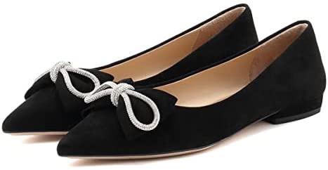 FSJ Women Fashion Sparkling Crystal Bowknot Chic Chain Comfortable Slip on Pointed Toe Low Heels Chunky Ballet Flats Dress Party Office Shoes Size 4-15 US