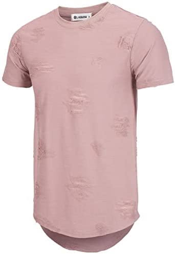 KLIEGOU Mens Hipster Hip Hop Ripped Round Hemline Hole T Shirt(1705)