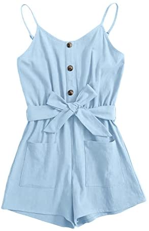 GAMISOTE Girls Romper Strappy Sleeveless Button Tie Front Jumpsuit With Pockets