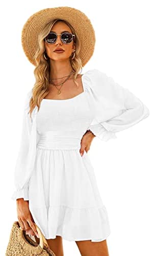 Women Elastic Smocked Bust Tie Back Long Puff Sleeve Square Neck Ruffle Dress A-line Casual Mini Dress