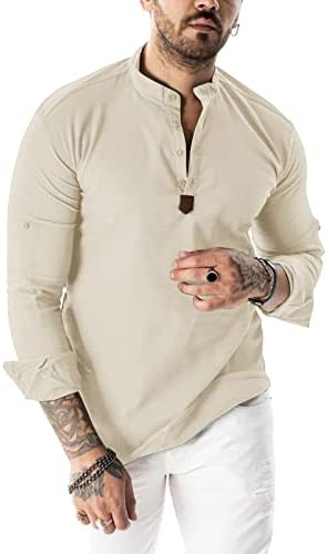 Men's Long Sleeve Cotton Henley Shirts Basic Casual Button Up Banded Collar Yoga Shirt Soft Beach Tops