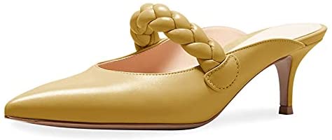 Womens Braided Strap Stiletto Mules Closed Pointed Toe Heeled Sandals Kitten Mid Heel Backless Slides
