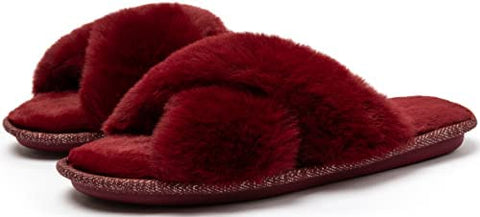 Women's Cross Band Furry Slippers Cozy Plush House Slippers Open Toe Soft Fuzzy Slippers Slip on Comfy Indoor Slippers