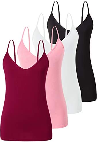 Xelky Womens V Neck Camisole Lightweight Tank Tops Adjustable Spaghetti Strap Undershirts Stretch Soft Plain cami 4 Pack S-XL