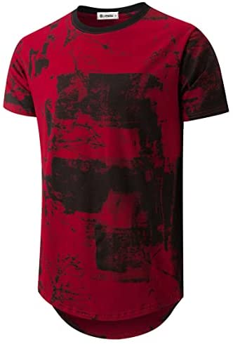 KLIEGOU Mens Hipster Hip Hop Ripped Round Hemline Pattern Print T Shirt