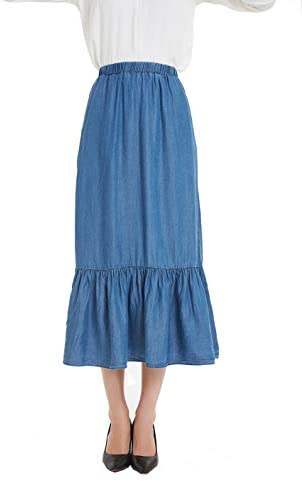 Womens Tencel Denim Long Midi Skirt Pleated Hem