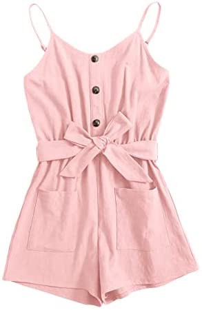 GAMISOTE Girls Romper Strappy Sleeveless Button Tie Front Jumpsuit With Pockets