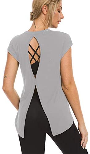 Women’s Open Back Loose Fit Workout Tops Backless Short Sleeve Yoga Shirts Gym Exercise Crop Tank Tops