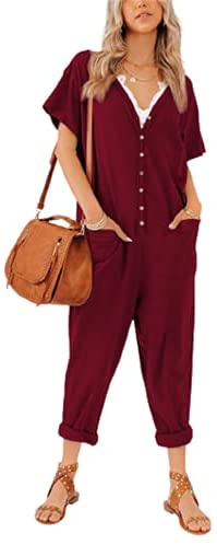 Plus Size Women's One Piece Button Up Jumpsuit Casual Loose Short Sleeve V Neck Onesies Rompers with Pockets