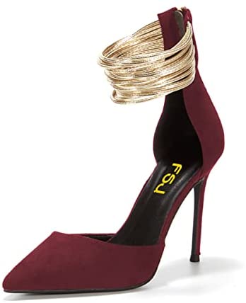 Women Chic Stiletto Heels D'Orsay Pumps Gold Ankle Strap Rings Closed Pointed Toe Heeled Sandals Back Zip Ladies Dress Shoes Size 4-15 US