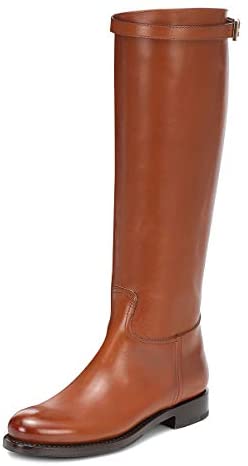 FSJ Women Regular Round Toe Flats Riding Knee High Boots Wide Calf Buckled Strappy Chunky Low Heel Western Long Boots Pull On Dress Shoes Size 4-15 US