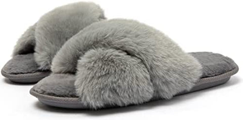 Women's Cross Band Furry Slippers Cozy Plush House Slippers Open Toe Soft Fuzzy Slippers Slip on Comfy Indoor Slippers