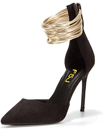 Women Chic Stiletto Heels D'Orsay Pumps Gold Ankle Strap Rings Closed Pointed Toe Heeled Sandals Back Zip Ladies Dress Shoes Size 4-15 US