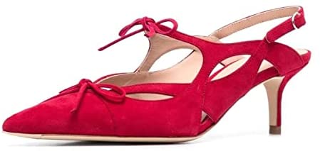FSJ Women Cute Pointed Toe Cut Out Pumps Low Kitten Heel Sandals Double Mini Bows Slingback Comfy Buckle Office Dress Party Shoes Size 4-15 US