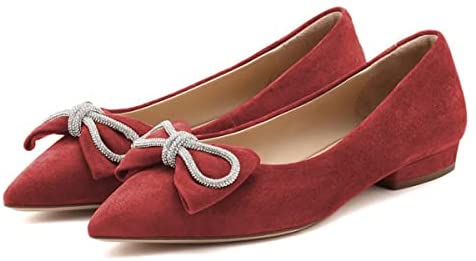 FSJ Women Fashion Sparkling Crystal Bowknot Chic Chain Comfortable Slip on Pointed Toe Low Heels Chunky Ballet Flats Dress Party Office Shoes Size 4-15 US