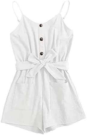GAMISOTE Girls Romper Strappy Sleeveless Button Tie Front Jumpsuit With Pockets