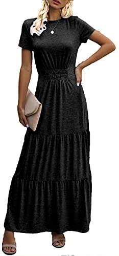 Dyexces Women’s Maxi Dress Summer Dresses Tunic Short Sleeve Crewneck Tiered Long Skirts