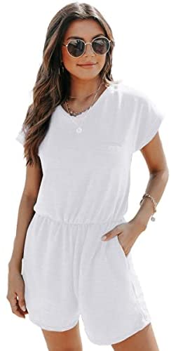 Dyexces Womens Jumpsuits Summer Loose Crew Neck Short Sleeve Elastic Waist Romper Playsuits with Pockets