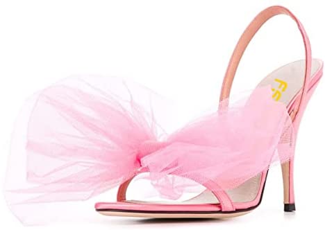 FSJ Women Fashion Large Floral Mesh Bow Open Toe Stylish Mid Heels Stiletto Pumps Elastic Slingback Sandals Slip on Shoes Wedding Dress Comfy Shoes Size 4-15 US