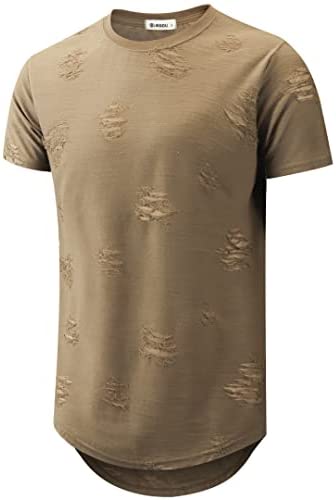 KLIEGOU Mens Hipster Hip Hop Ripped Round Hemline Hole T Shirt(1705)