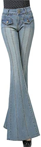 Women's Two Button Closure Mid Rise Stretchy Wide Bell Bottom Casual Long Denim Pant