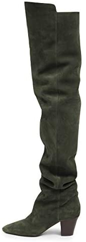FSJ Women Over The Knee Boots Comfy Wrinkled Medium Chunky Heels Closed Point Toe Classic Pull On Business Shoes Size 4-15 M US