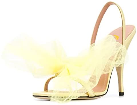 FSJ Women Fashion Large Floral Mesh Bow Open Toe Stylish Mid Heels Stiletto Pumps Elastic Slingback Sandals Slip on Shoes Wedding Dress Comfy Shoes Size 4-15 US