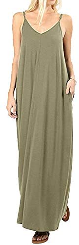 Women's Spaghetti Strap Beach Summer Sleeveless Dress V Neck Casual Maxi Dresses