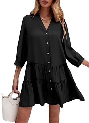 Dyexces Womens Long Sleeve Shift Dress V-Neck Button Up A-Line Midi Dress Summer Casual Loose Swing Tunic Dress