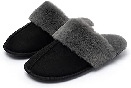Katliu Women's Fluffy Slippers Warm Faux Fur Memory Foam Slippers Non Slip House Slippers
