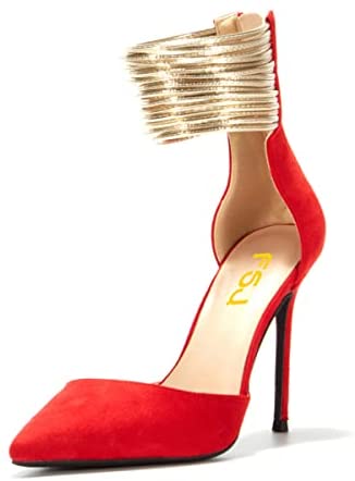 Women Chic Stiletto Heels D'Orsay Pumps Gold Ankle Strap Rings Closed Pointed Toe Heeled Sandals Back Zip Ladies Dress Shoes Size 4-15 US