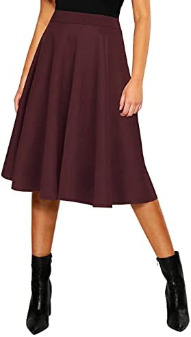 Women's Basic Elastic Waist A-line Solid Flared Midi Skirt