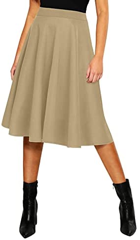 Women's Basic Elastic Waist A-line Solid Flared Midi Skirt