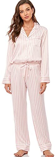 Women's Satin Pajama Set Long Sleeve Button Sleepwear 2-Piece Pj Lounge Set