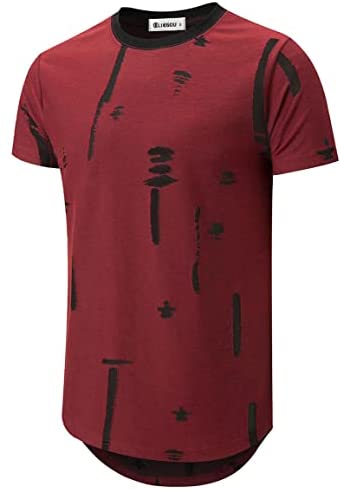 KLIEGOU Mens Hipster Hip Hop Ripped Round Hemline Hole T Shirt(1705)