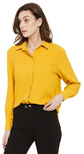 Women's Casual V Neck Crepe Blouses Long Sleeve Button Down Shirts Tops