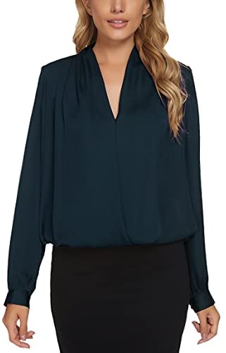Women's Business Casual V-Neck Long Sleeve Wrap Blouse Solid Chiffon Shirts