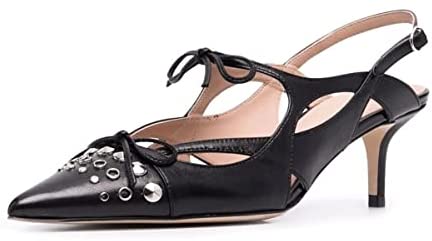 FSJ Women Cute Pointed Toe Cut Out Pumps Low Kitten Heel Sandals Double Mini Bows Slingback Comfy Buckle Office Dress Party Shoes Size 4-15 US
