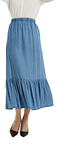 Womens Tencel Denim Long Midi Skirt Pleated Hem