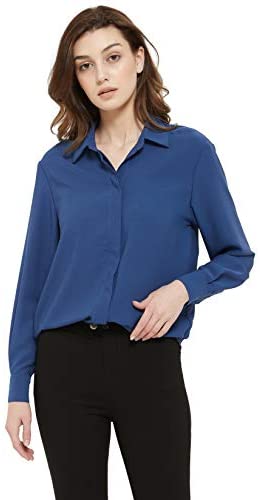 Women's Casual V Neck Crepe Blouses Long Sleeve Button Down Shirts Tops