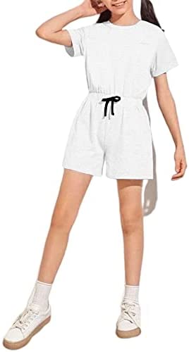 Girls Kids Crewneck Shorts Rompers Short Sleeve Drawstring Back Zipper Cotton Cute One Piece Outfits Jumpsuit
