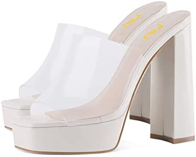 FSJ Women Summer Open Toe Chunky High Heels Platform Slipper Square Toe Mule Casual Slip on Dress Sandals Slide Backless Bridal Party Outfit Shoes Size 4-15 US