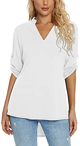 Women's 3/4 Roll Sleeve Tunic Shirts Floral Printed Hi-Low Hem V Neck Blouse Shirts