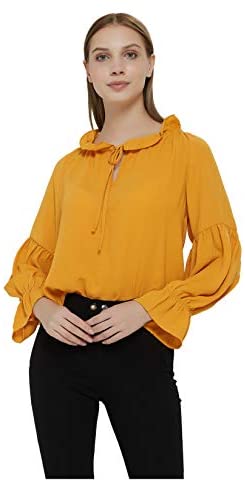 Womens White Oversized Tie Ruffled Neckline Top Blouse Tunic Shirt