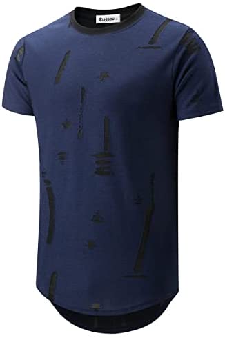 KLIEGOU Mens Hipster Hip Hop Ripped Round Hemline Hole T Shirt(1705)
