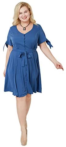 Carrotomato Women's Plus Size V-Neck Dress Ruffled Button Front Opening Swinging Flared Casual Dress Belt