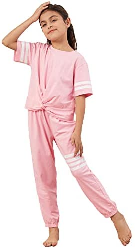 Kids Girls 2 Piece Outfit Sets Striped Crop Tops And Sweatpants Athletic Summer Tracksuit