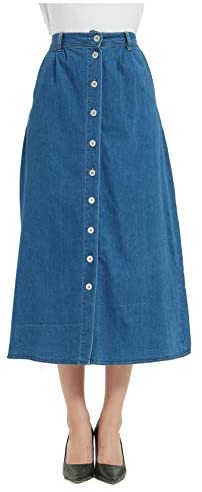 Womens A Line Long Midi Denim Skirt with Button Front